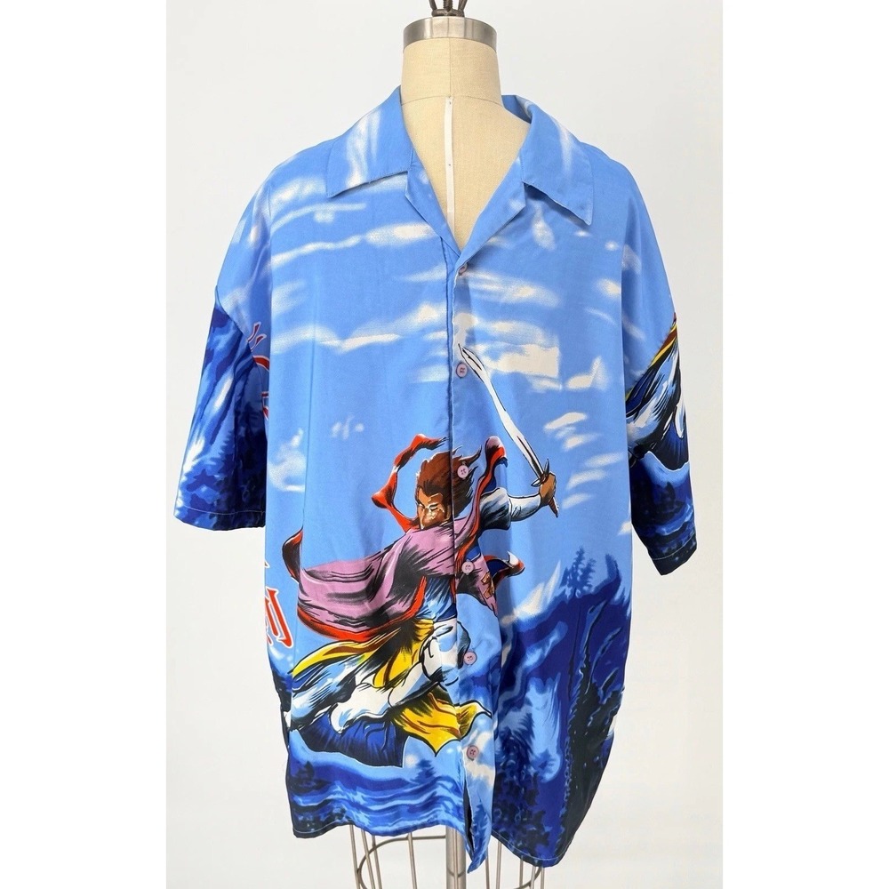 Samurai Warrior Hawaiian Shirt Men's XL Blue Graphic Anime Style Button Up